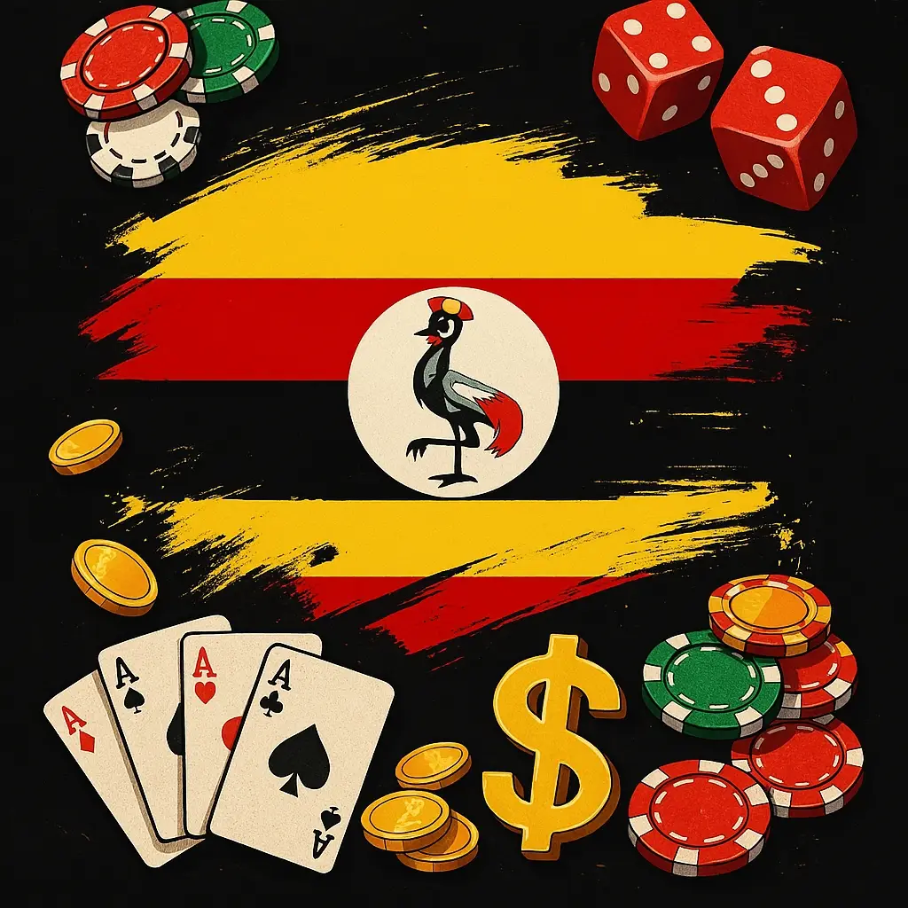 Digitally enhanced graphic featuring a vibrant casino-themed backdrop with poker chips, slot symbols, and playing cards, subtly overlaying a silhouette map of Uganda—symbolizing the evolving landscape of Uganda gambling regulations and the country's approach to regulating the iGaming sector."